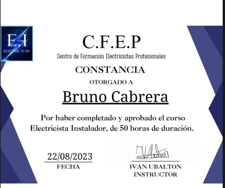 Constancia del curso Electricista Instalador de Bruno Cabrera, CFEP, 22/08/2023
