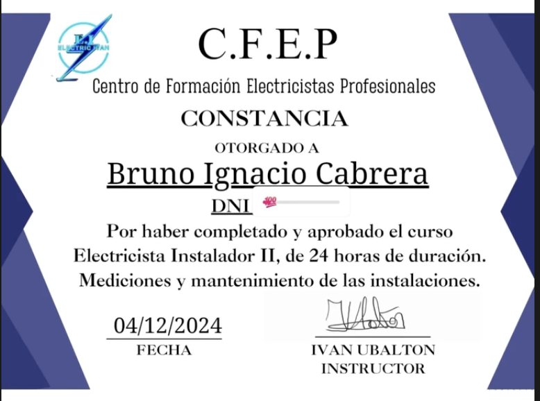 Constancia del curso Electricista Instalador II de Bruno Cabrera, CFEP, 04/12/2024
