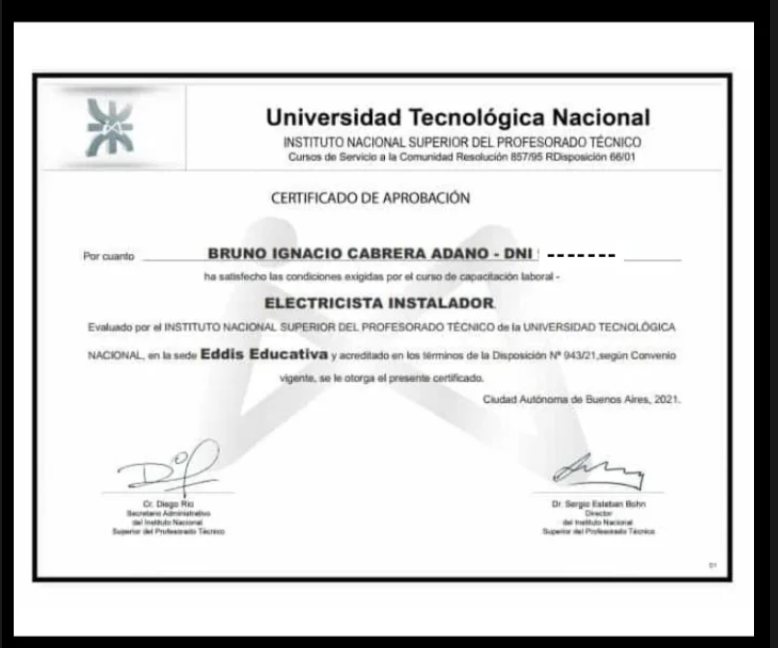 Certificado de aprobación Electricista Instalador de Bruno Cabrera, Universidad Tecnológica Nacional, 2021